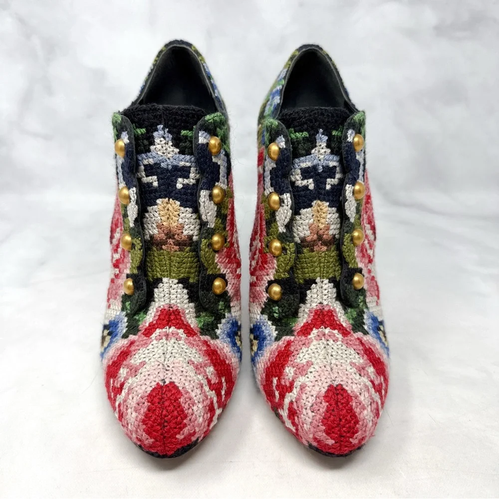 Dolce & Gabbana Vintage Y2K Floral Tapestry Crochet Ankle Bootie Boots Retro 39